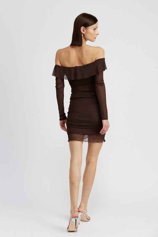 OFF SHOULDER MINI DRESS WITH RUFFLE DETAIL - Akana Style