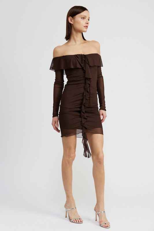 OFF SHOULDER MINI DRESS WITH RUFFLE DETAIL - Akana Style