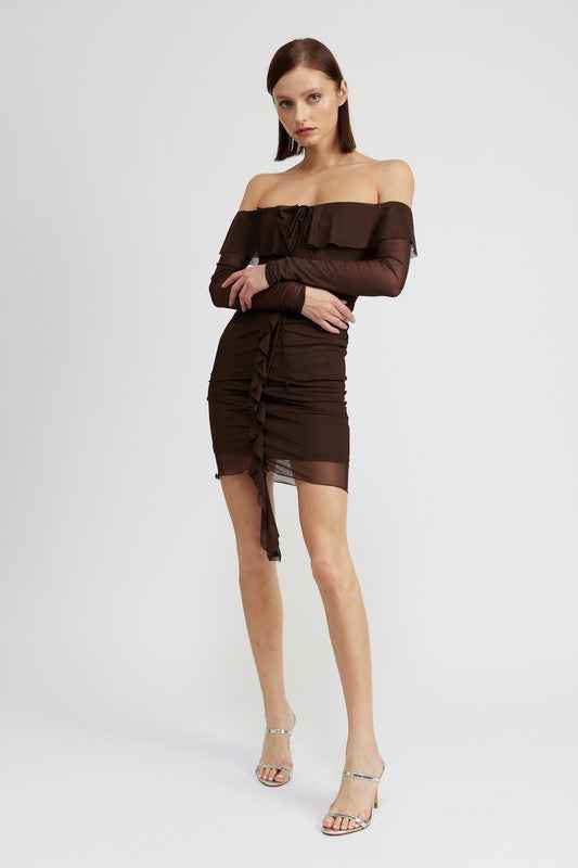 OFF SHOULDER MINI DRESS WITH RUFFLE DETAIL - Akana Style