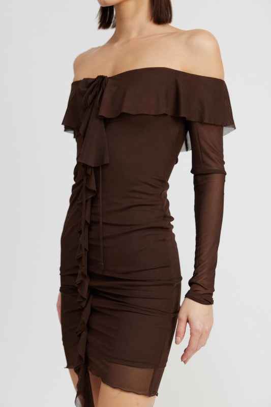 OFF SHOULDER MINI DRESS WITH RUFFLE DETAIL - Akana Style