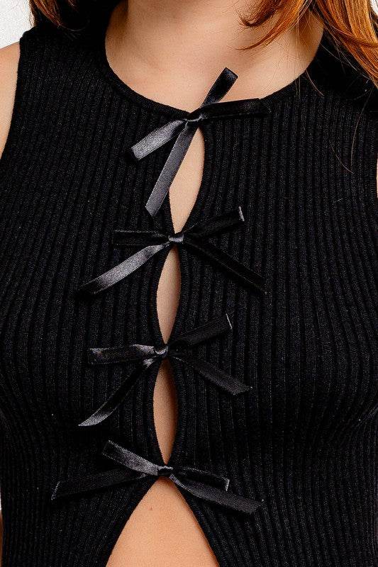 Satin Bow Detail Sweater Top - Stylish Sleeveless Design - Akana Style