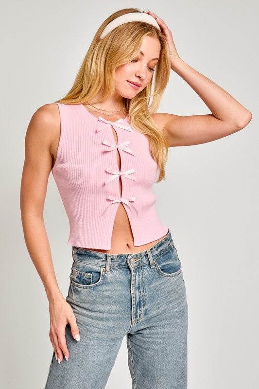 Satin Bow Detail Sweater Top - Stylish Sleeveless Design - Akana Style