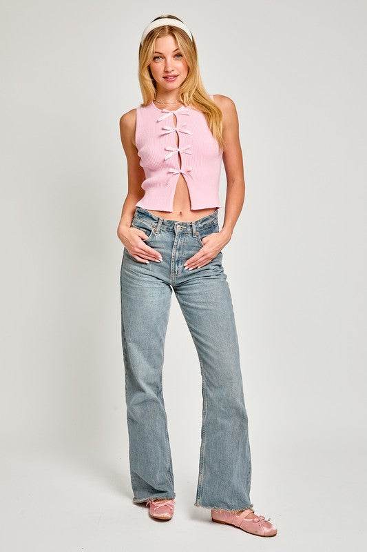 Satin Bow Detail Sweater Top - Stylish Sleeveless Design - Akana Style