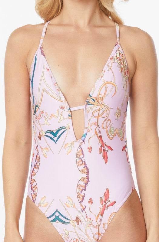 Floral Print One Piece Bathing Suit with Deep Cut Front - Akana Style