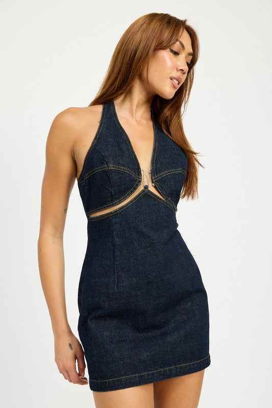 HALTER NECK MINI DENIM DRESS WITH CUT OUT - Akana Style