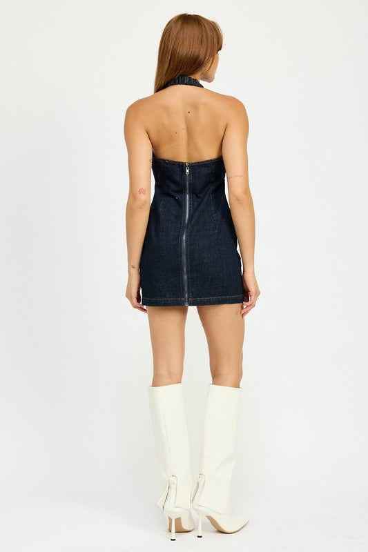 HALTER NECK MINI DENIM DRESS WITH CUT OUT - Akana Style