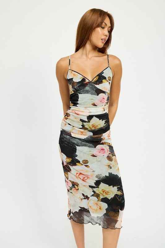 RUCHED MIDI V NECK DRESS - Akana Style