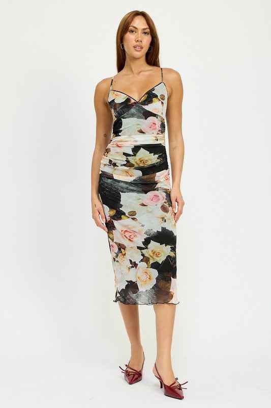 RUCHED MIDI V NECK DRESS - Akana Style