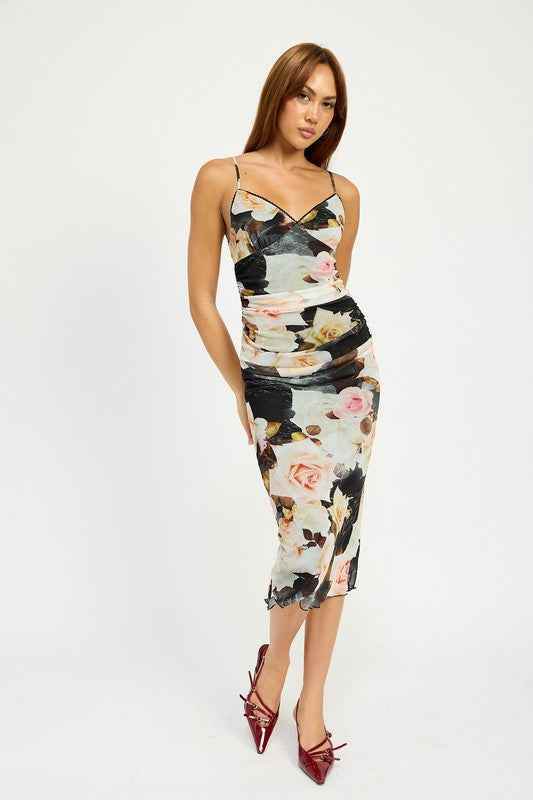 RUCHED MIDI V NECK DRESS - Akana Style