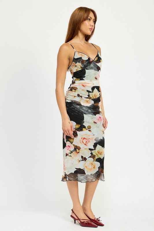 RUCHED MIDI V NECK DRESS - Akana Style