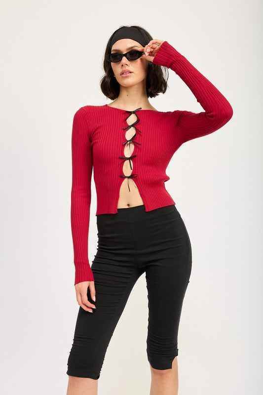 Long Sleeve Ribbed Top with Bow Detail - Stylish & Comfortable Fashion Essential - Akana Style