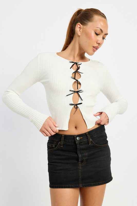 Long Sleeve Ribbed Top with Bow Detail - Stylish & Comfortable Fashion Essential - Akana Style