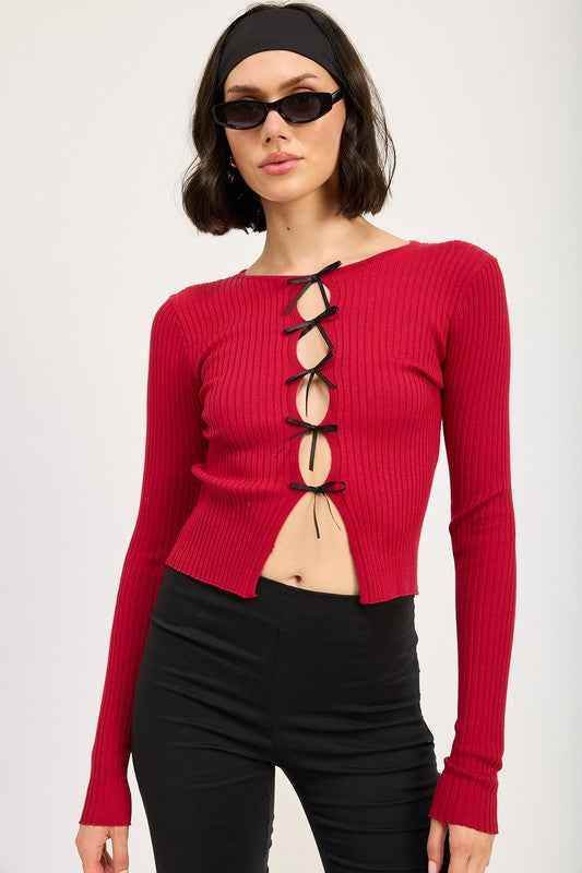 Long Sleeve Ribbed Top with Bow Detail - Stylish & Comfortable Fashion Essential - Akana Style