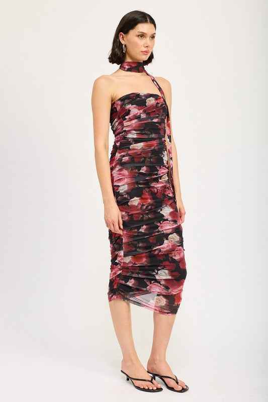 SHIRRED FLORAL MINI DRESS WITH SCARF - Akana Style