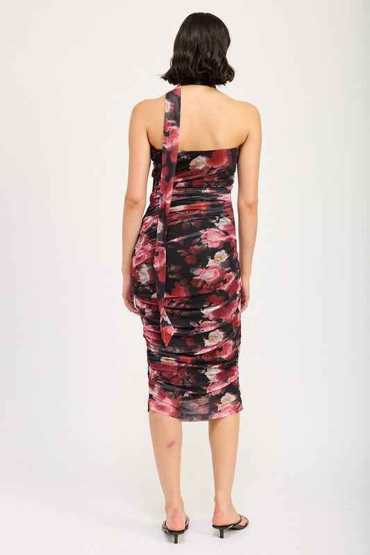 SHIRRED FLORAL MINI DRESS WITH SCARF - Akana Style