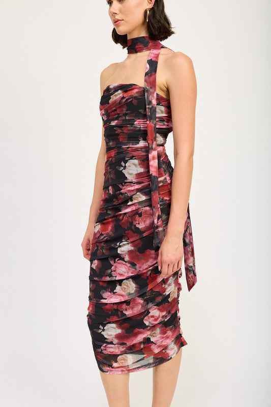 SHIRRED FLORAL MINI DRESS WITH SCARF - Akana Style