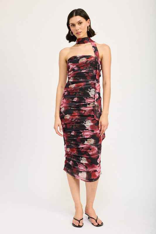 SHIRRED FLORAL MINI DRESS WITH SCARF - Akana Style