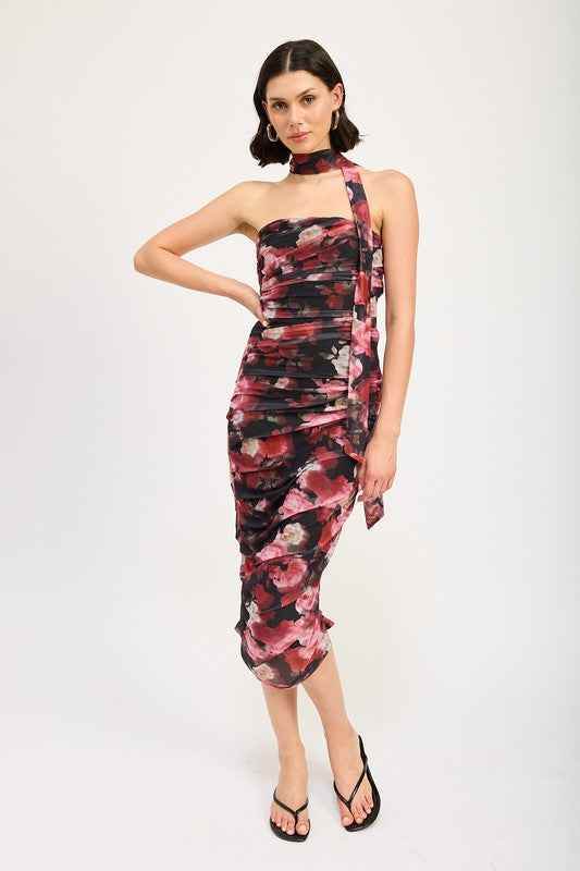 SHIRRED FLORAL MINI DRESS WITH SCARF - Akana Style
