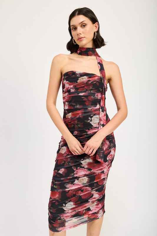 SHIRRED FLORAL MINI DRESS WITH SCARF - Akana Style
