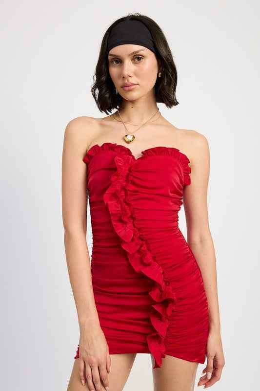 RUCHED RUFFLE MINI DRESS - Akana Style