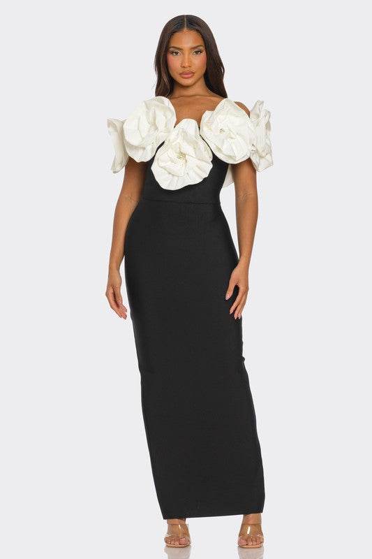 Sculpted Floral Gown with Elegant Applique Design - Akana Style