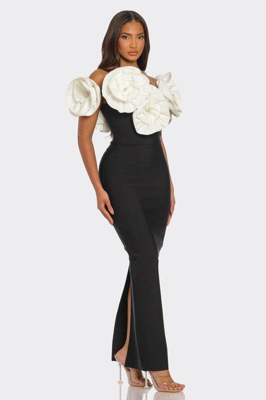 Sculpted Floral Gown with Elegant Applique Design - Akana Style
