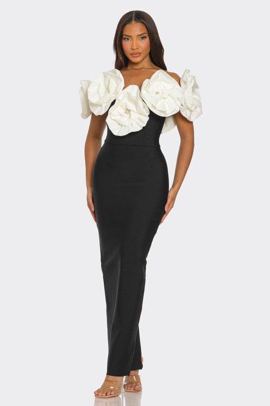 Sculpted Floral Gown with Elegant Applique Design - Akana Style