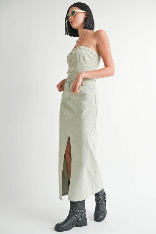 Button Up Denim Dress with Slit - Chic and Stylish Tube Design - Akana Style