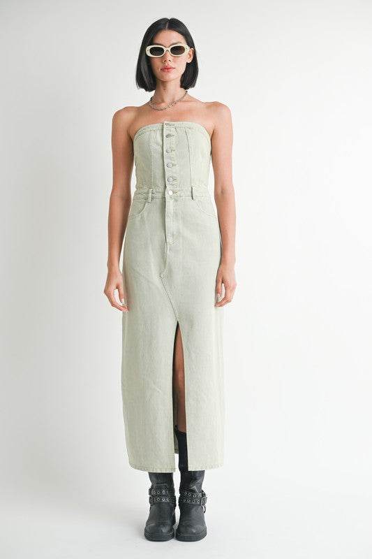 Button Up Denim Dress with Slit - Chic and Stylish Tube Design - Akana Style