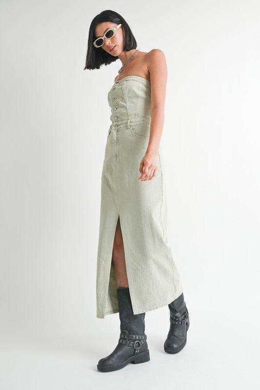 Button Up Denim Dress with Slit - Chic and Stylish Tube Design - Akana Style