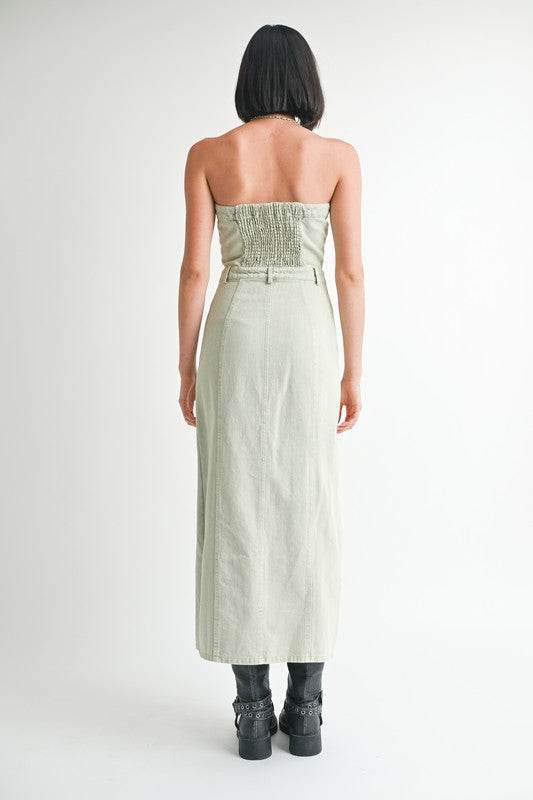 Button Up Denim Dress with Slit - Chic and Stylish Tube Design - Akana Style