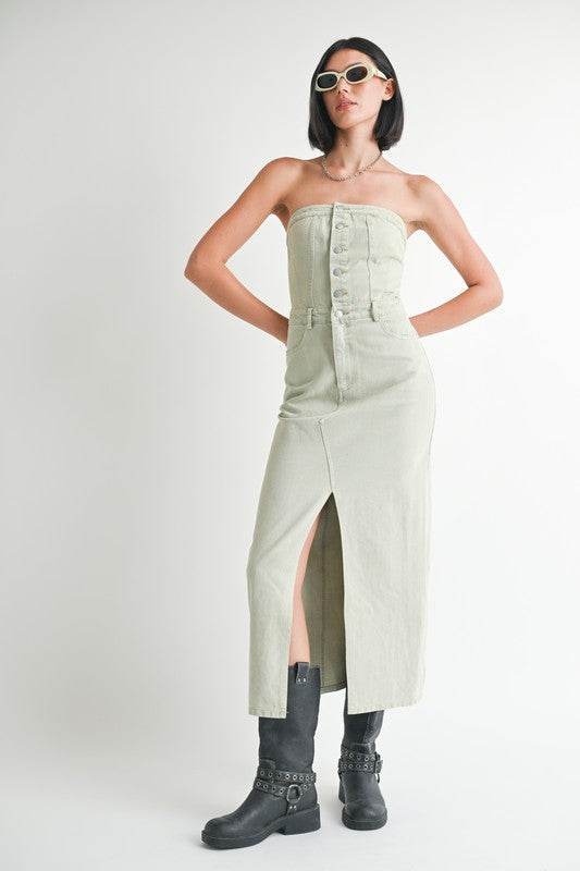 Button Up Denim Dress with Slit - Chic and Stylish Tube Design - Akana Style