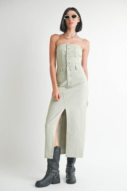 Button Up Denim Dress with Slit - Chic and Stylish Tube Design - Akana Style