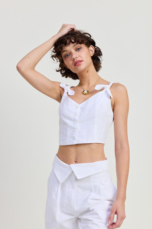 BUTTON UP CROPPED TOP WITH SHOULDER TIES