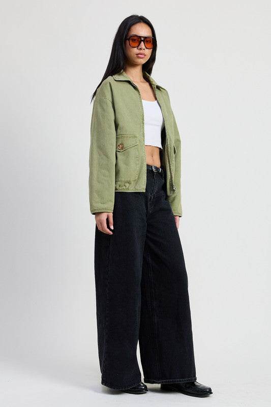 Long Sleeve Denim Jacket with Collared Design - Akana Style