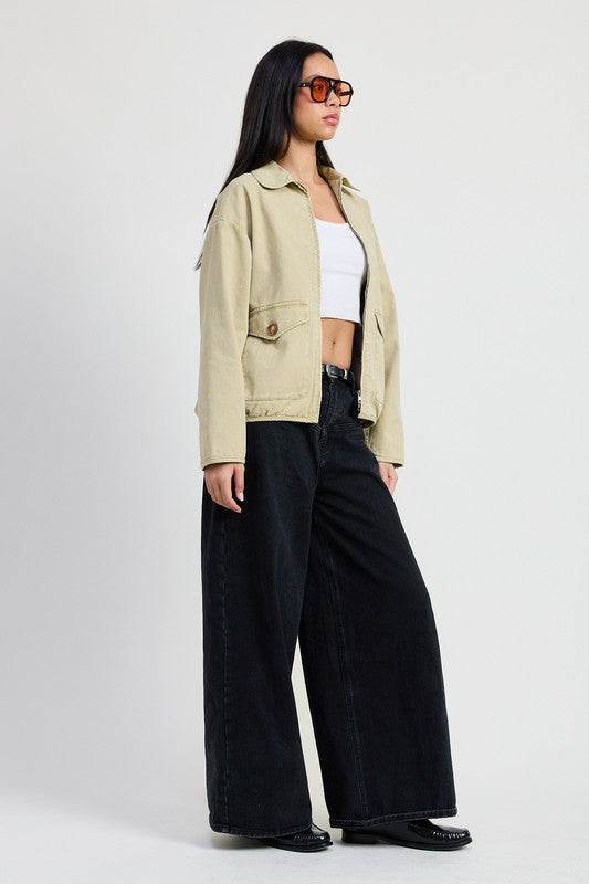 Long Sleeve Denim Jacket with Collared Design - Akana Style