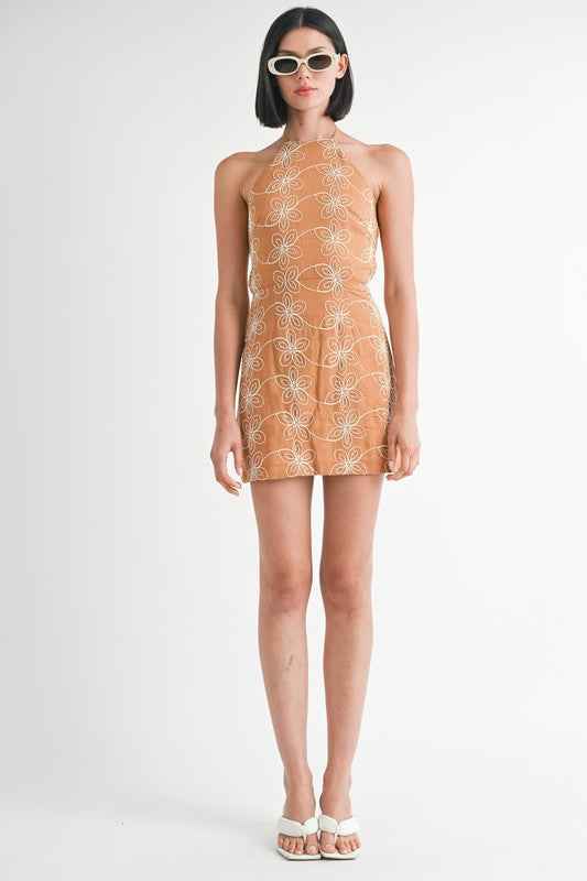 HALTER NECK PRINTED MINI DRESS WITH BACK TIE