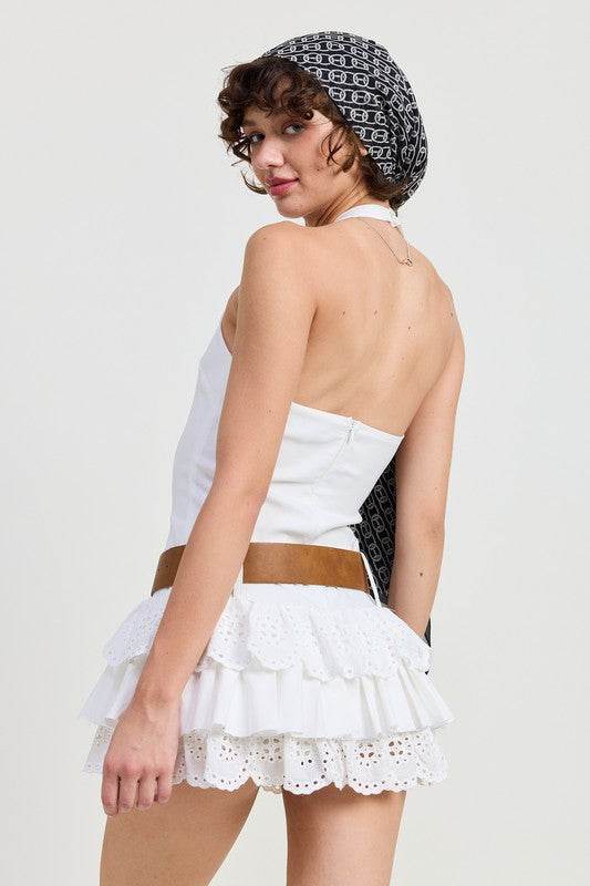MINI HALTER EYELET DRESS - TIERED BELTED STYLE - Akana Style