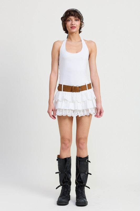 MINI HALTER EYELET DRESS - TIERED BELTED STYLE - Akana Style