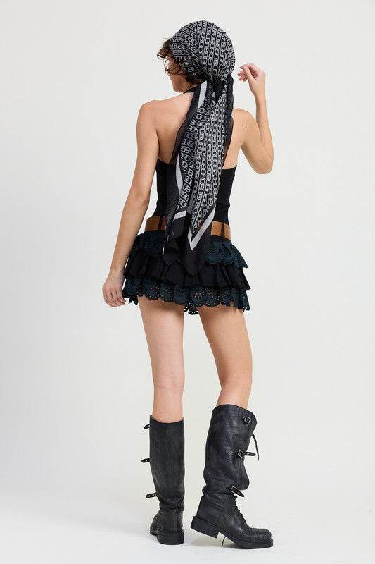 MINI HALTER EYELET DRESS - TIERED BELTED STYLE - Akana Style
