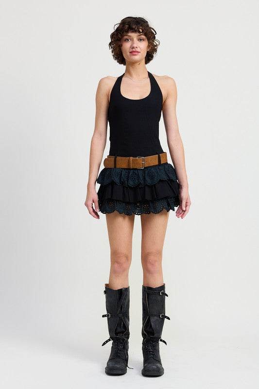 MINI HALTER EYELET DRESS - TIERED BELTED STYLE - Akana Style