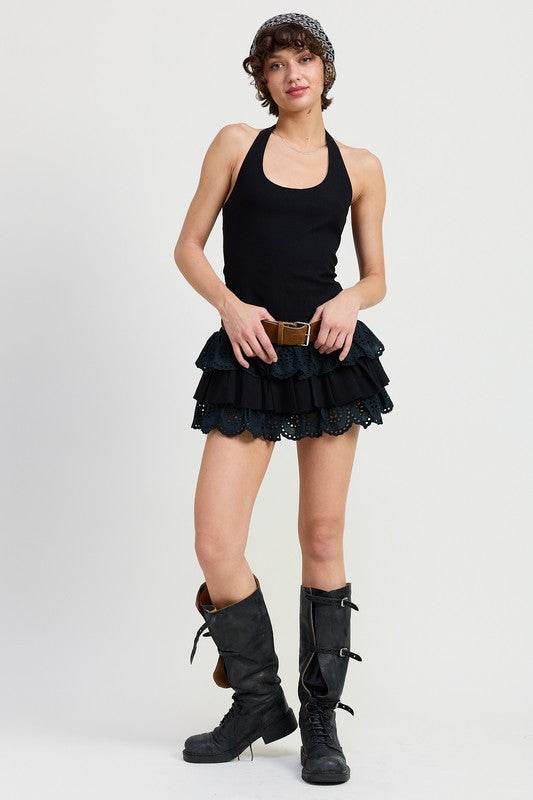MINI HALTER EYELET DRESS - TIERED BELTED STYLE - Akana Style
