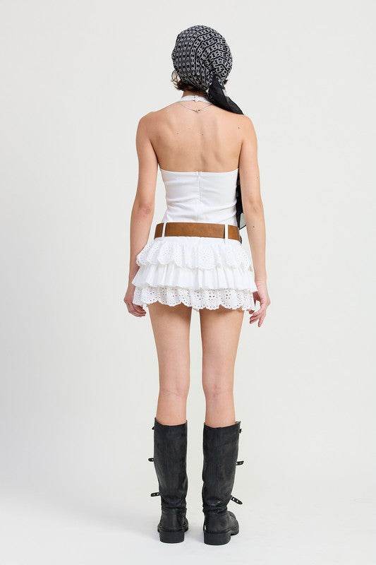 MINI HALTER EYELET DRESS - TIERED BELTED STYLE - Akana Style