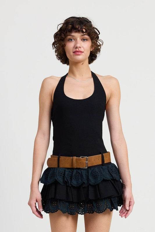 MINI HALTER EYELET DRESS - TIERED BELTED STYLE - Akana Style