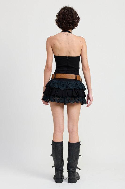MINI HALTER EYELET DRESS - TIERED BELTED STYLE - Akana Style