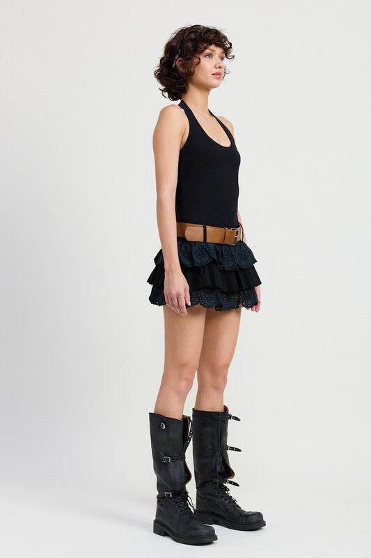 MINI HALTER EYELET DRESS - TIERED BELTED STYLE - Akana Style