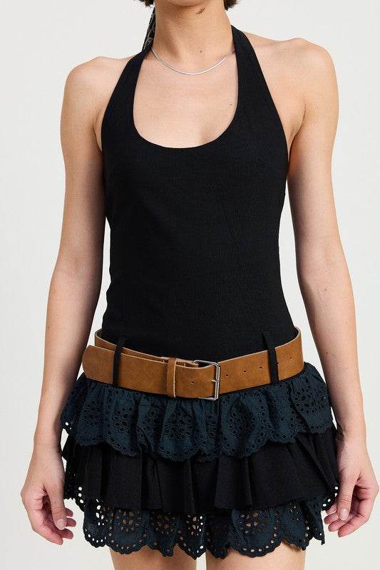 MINI HALTER EYELET DRESS - TIERED BELTED STYLE - Akana Style