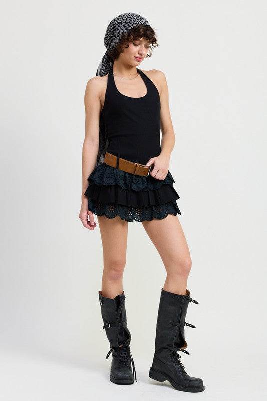 MINI HALTER EYELET DRESS - TIERED BELTED STYLE - Akana Style