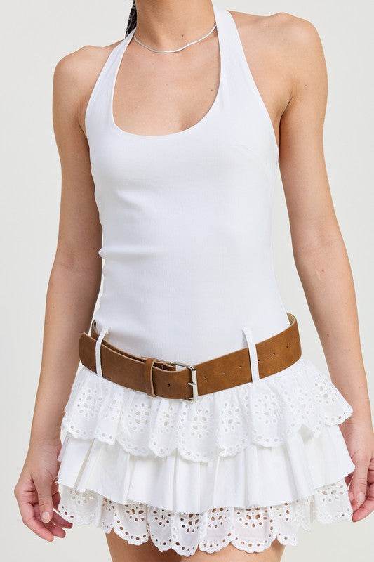 MINI HALTER EYELET DRESS - TIERED BELTED STYLE - Akana Style
