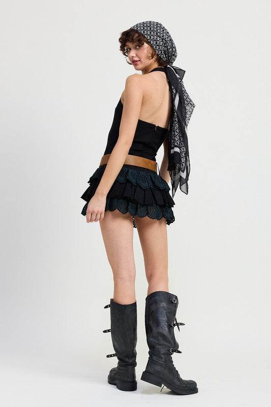 MINI HALTER EYELET DRESS - TIERED BELTED STYLE - Akana Style